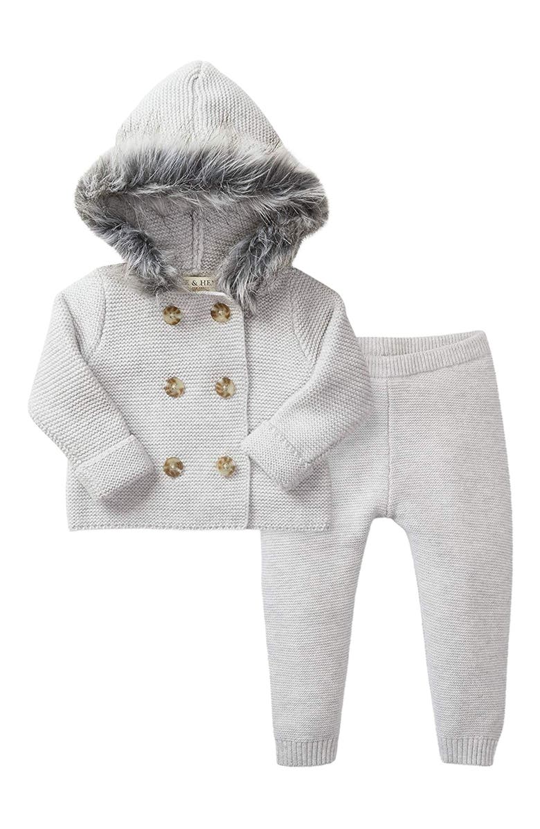 Hope & Henry Baby Faux Fur Hooded Sweater Set, Alternate, color, Gray With Gray Faux Fur