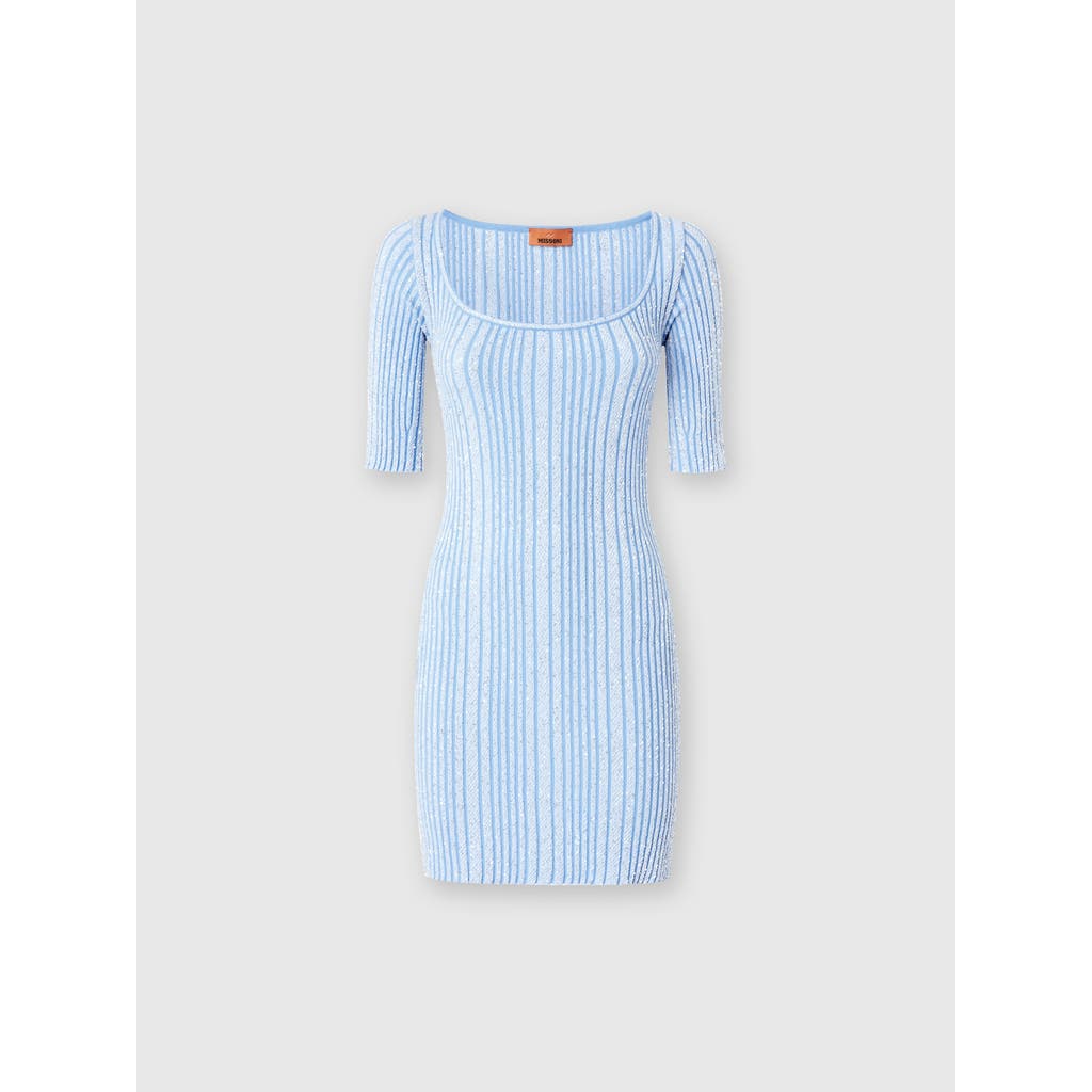 Shop Missoni Ribbed Mini-dress With Sequins And Short Sleeves In Light Blue
