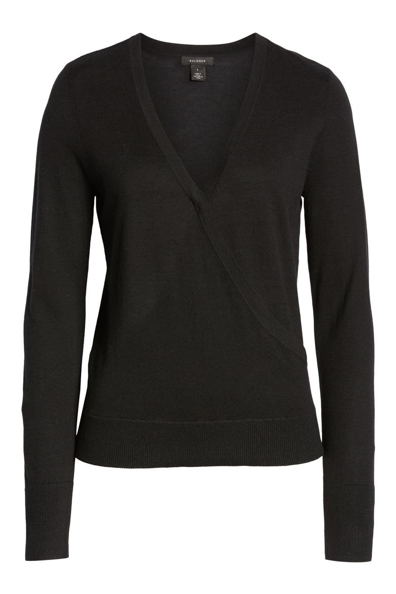 Faux Wrap Sweater, Alternate, color, BLACK