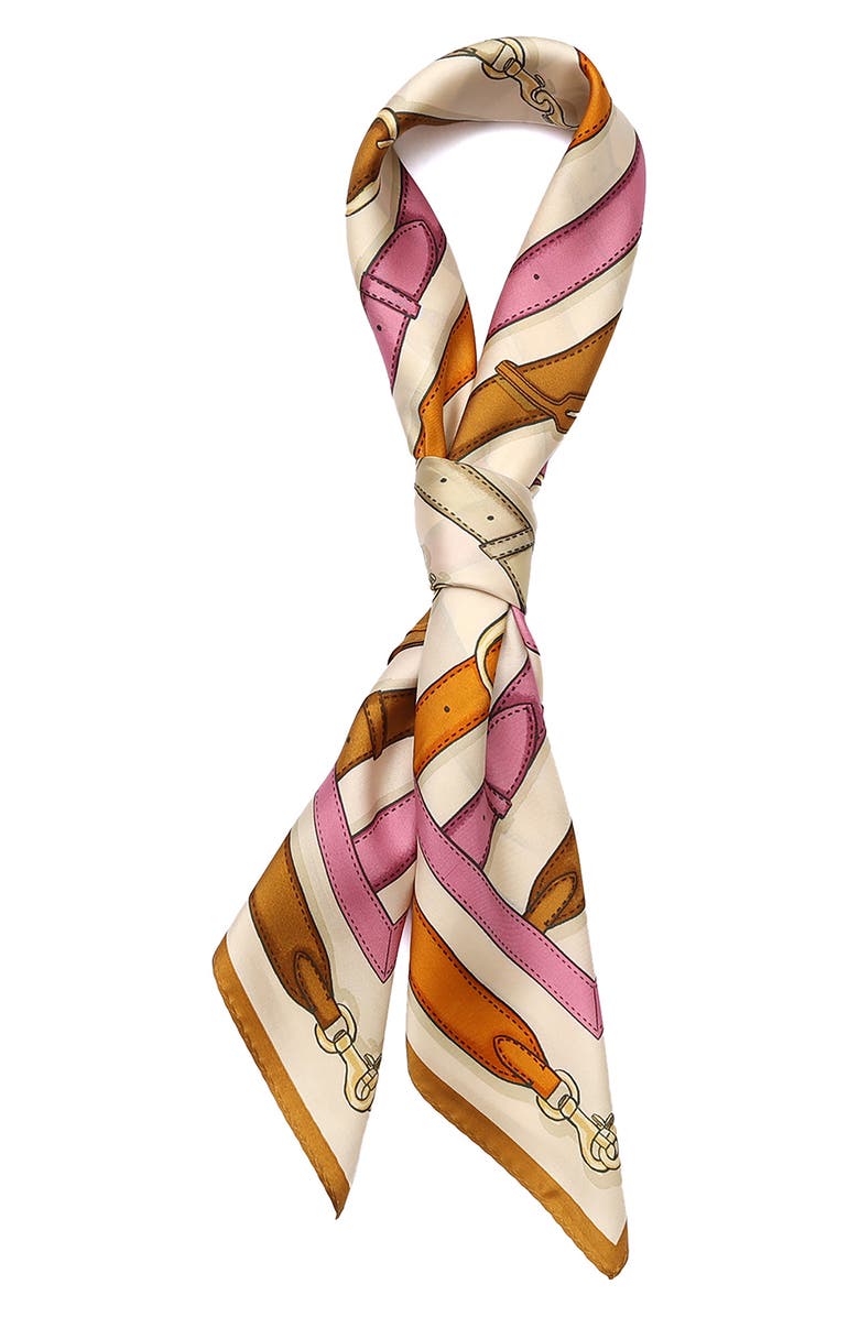 COACH Multi Belt Print Silk Square Scarf, Alternate, color, Honey Brown/ Multi