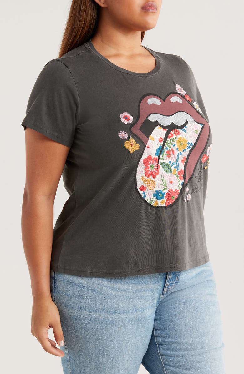 Lucky Brand Rolling Stones Floral Embroidered Hot Lips Graphic T-Shirt, Alternate, color, 