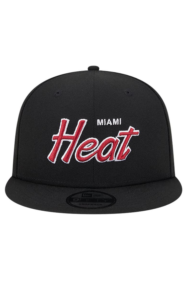 Men's New Era Black Miami Heat Evergreen Script Side Patch 9FIFTY Snapback Hat, Alternate, color, Black