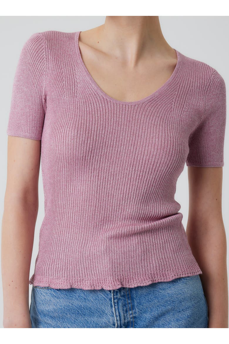 Viscose Metallic Rib Short Sleeve Scoopneck, Alternate, color, BOISDEROSE