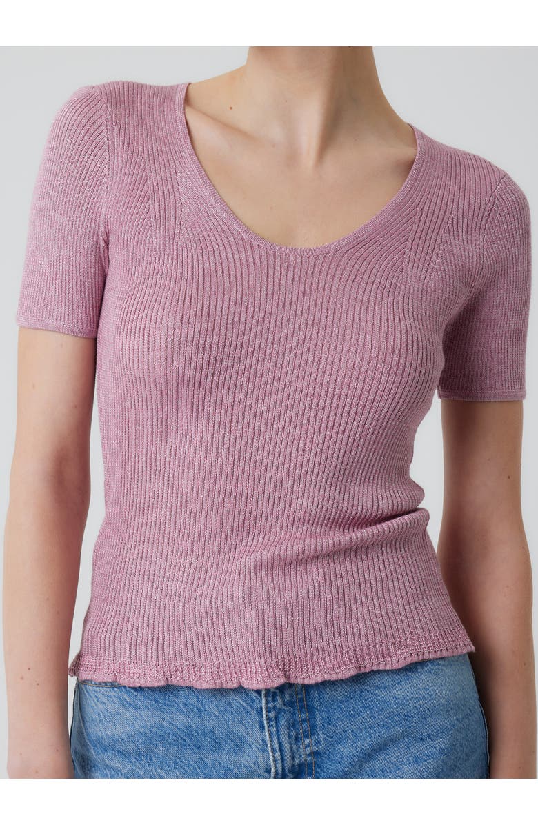Majestic Filatures Viscose Metallic Rib Short Sleeve Scoopneck, Alternate, color, Boisderose