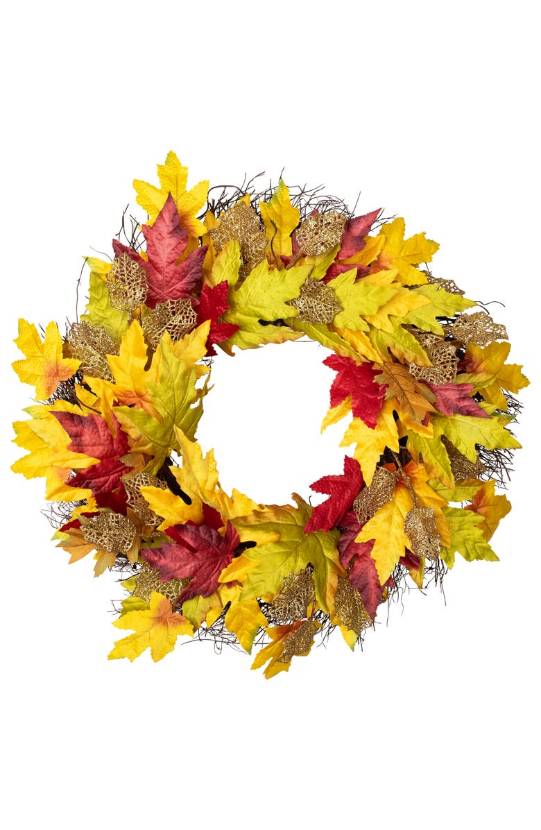Northlight Maple and Glittered Leaves Artificial Fall Harvest Wreath - 22", Main, color, Orange