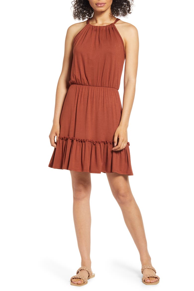 Flounce Hem Halter Dress, Main, color, HAZELNUT