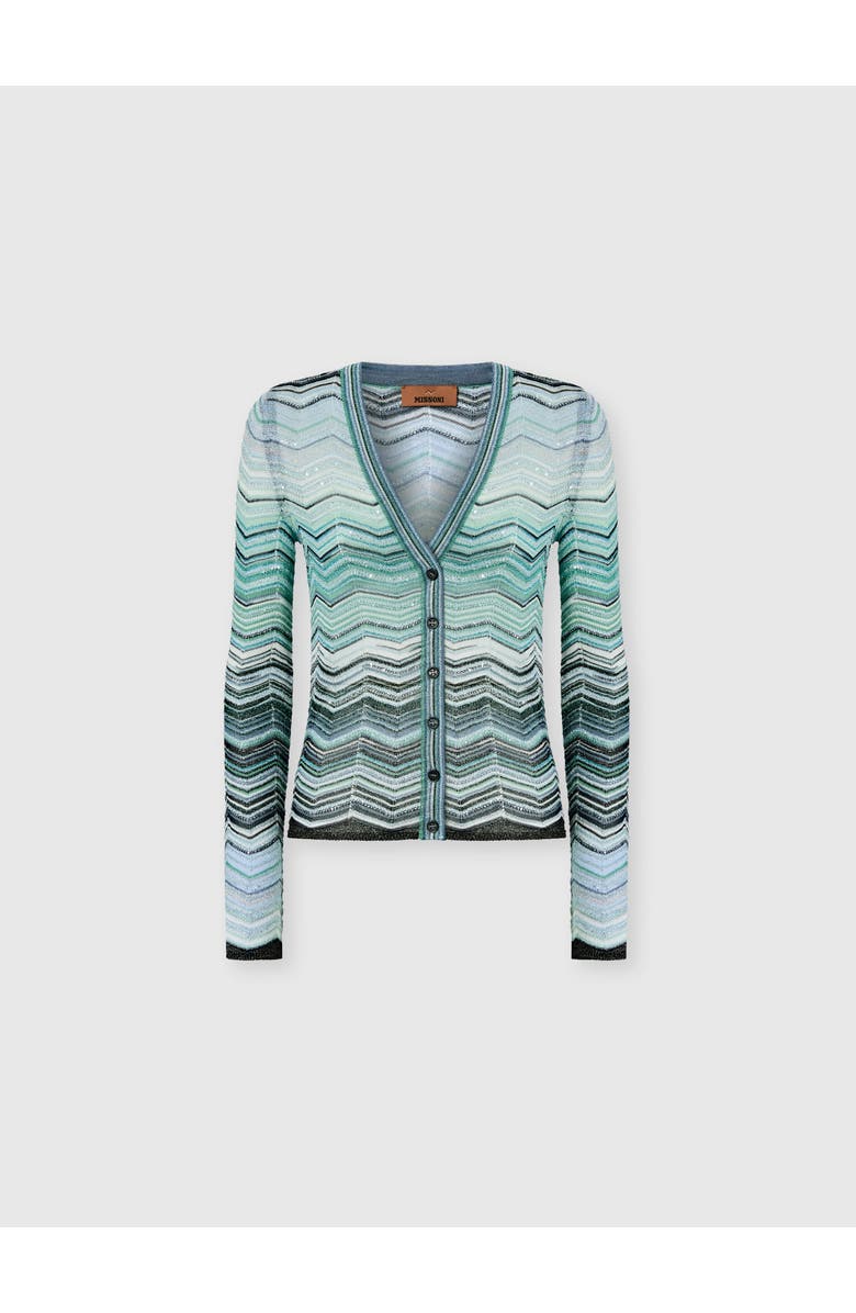 Missoni Chevron Lamé Viscose Cardigan With Sequins, Main, color, Green& Brown