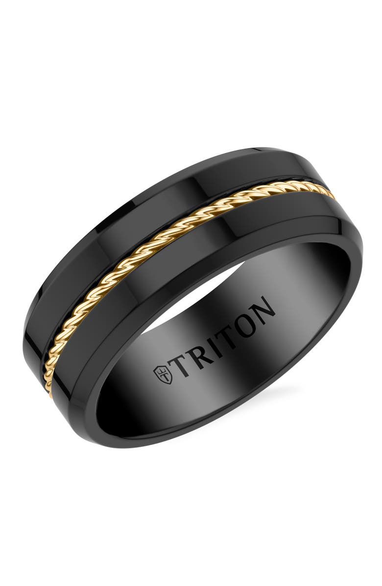 Triton 8MM Tungsten Carbide Ring with Yellow Rope Center and Polished Beveled Edge Profile, Main, color, 