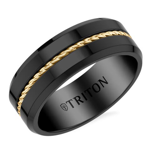 8MM Tungsten Carbide Ring with Yellow Rope Center and Polished Beveled Edge Profile