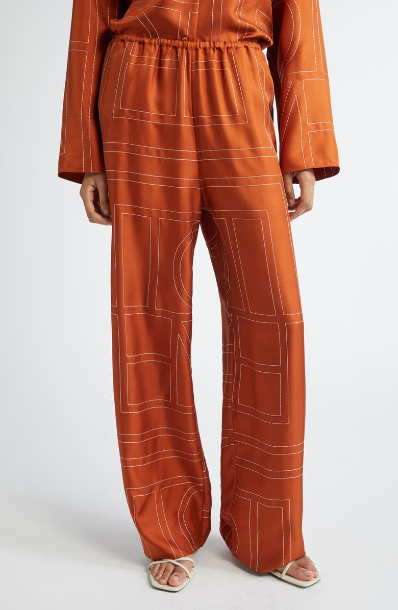 TOTEME Monogram Embroidered Silk Pants, Main, color, Terracotta