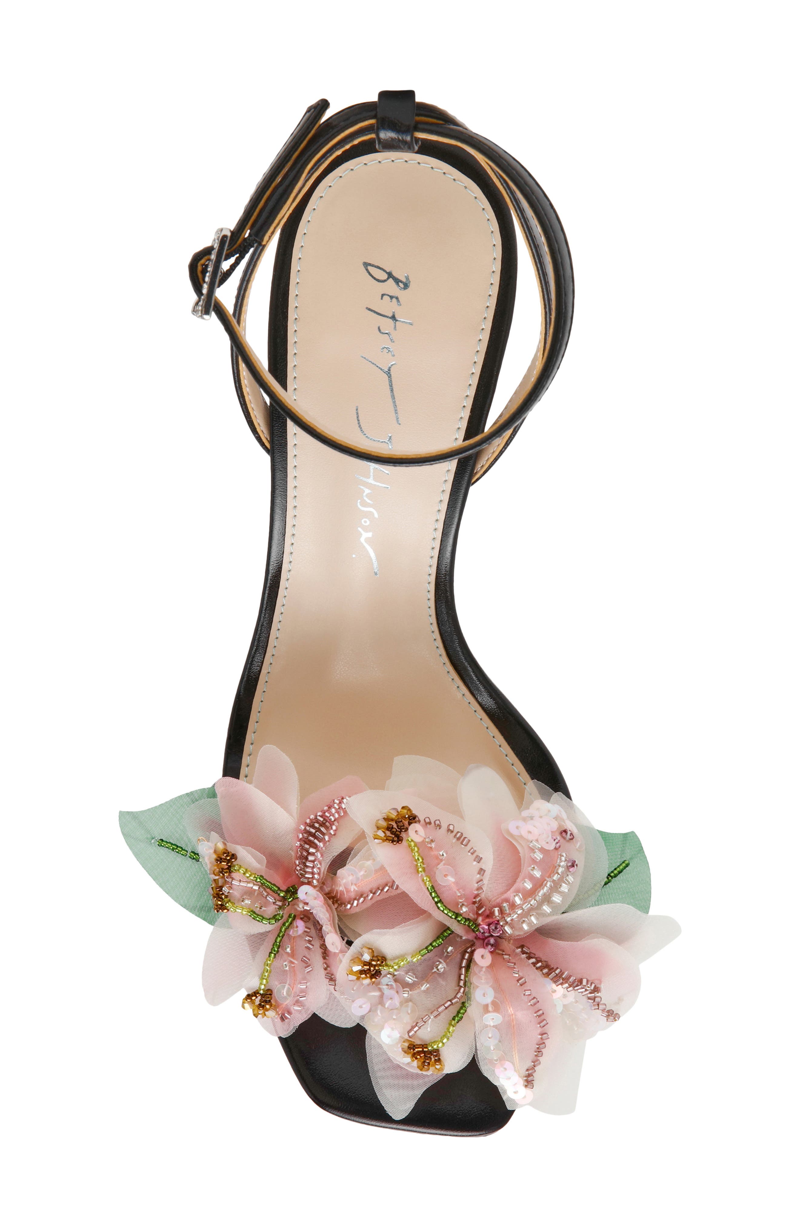 Betsey Johnson Kasie Beade Flower Ankle Strap Sandal, Alternate, color, Black