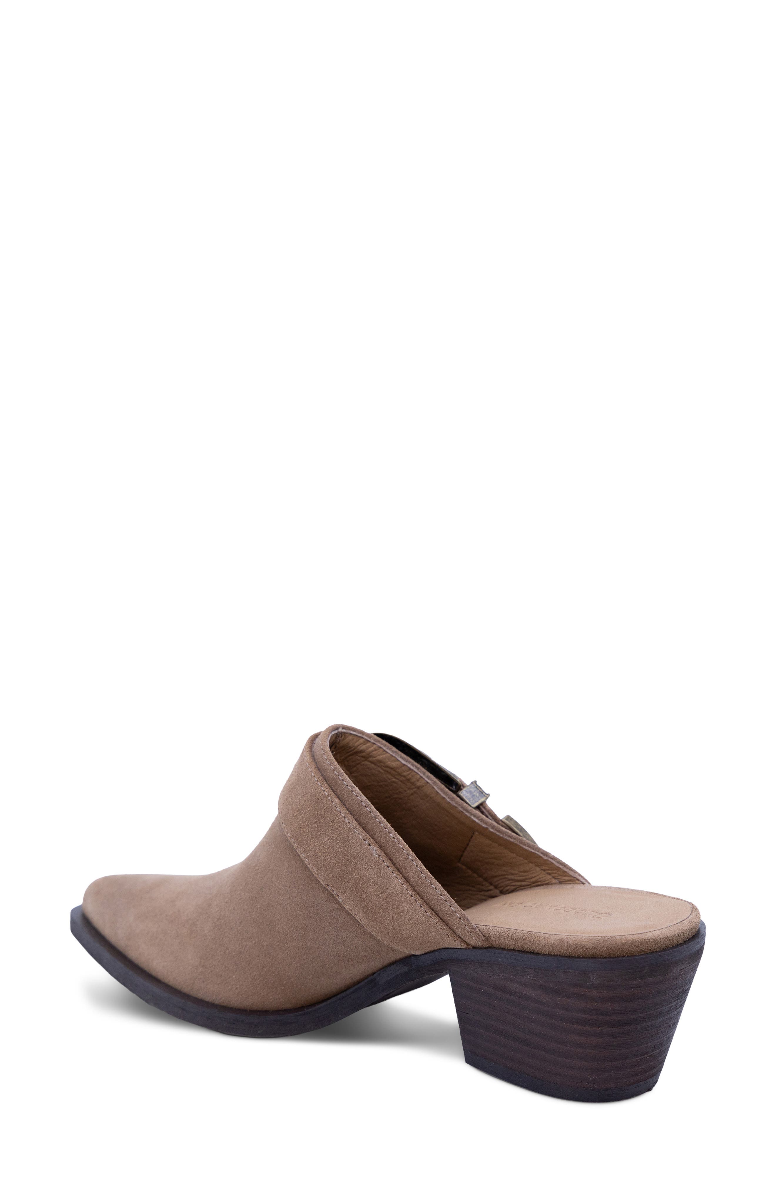 Charm Pointed Toe Buckle Mule, Alternate, color, TOFFEE SUEDE