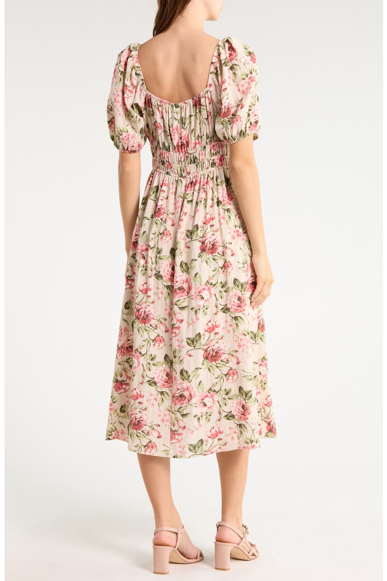 Floral Short Sleeve Midi Dress, Alternate, color, TAUPE/ CORAL/ SAGE
