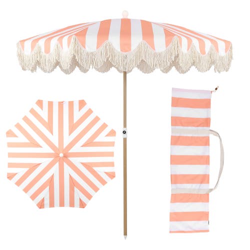 Jonathan Y Mariner 6.5 Ft. Classic Cottage Fringe Tassel Market Beach Umbrella With Push Button Tilt In Orange