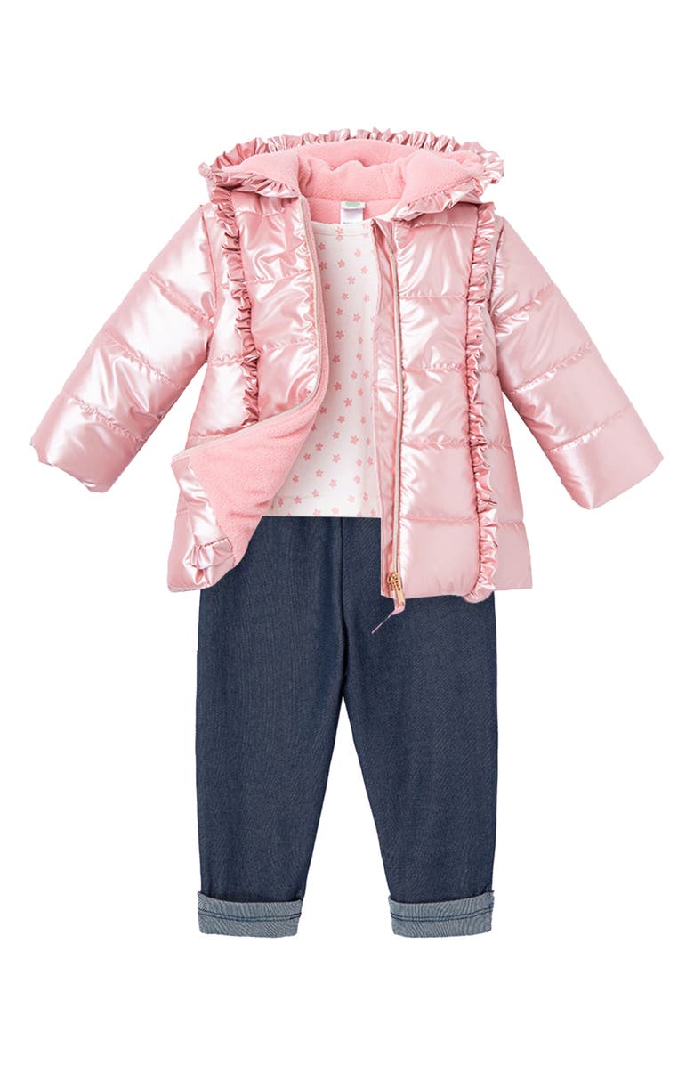 Little Me Satin Hooded Puffer Jacket, Long Sleeve T-Shirt & Leggings Set, Alternate, color, 