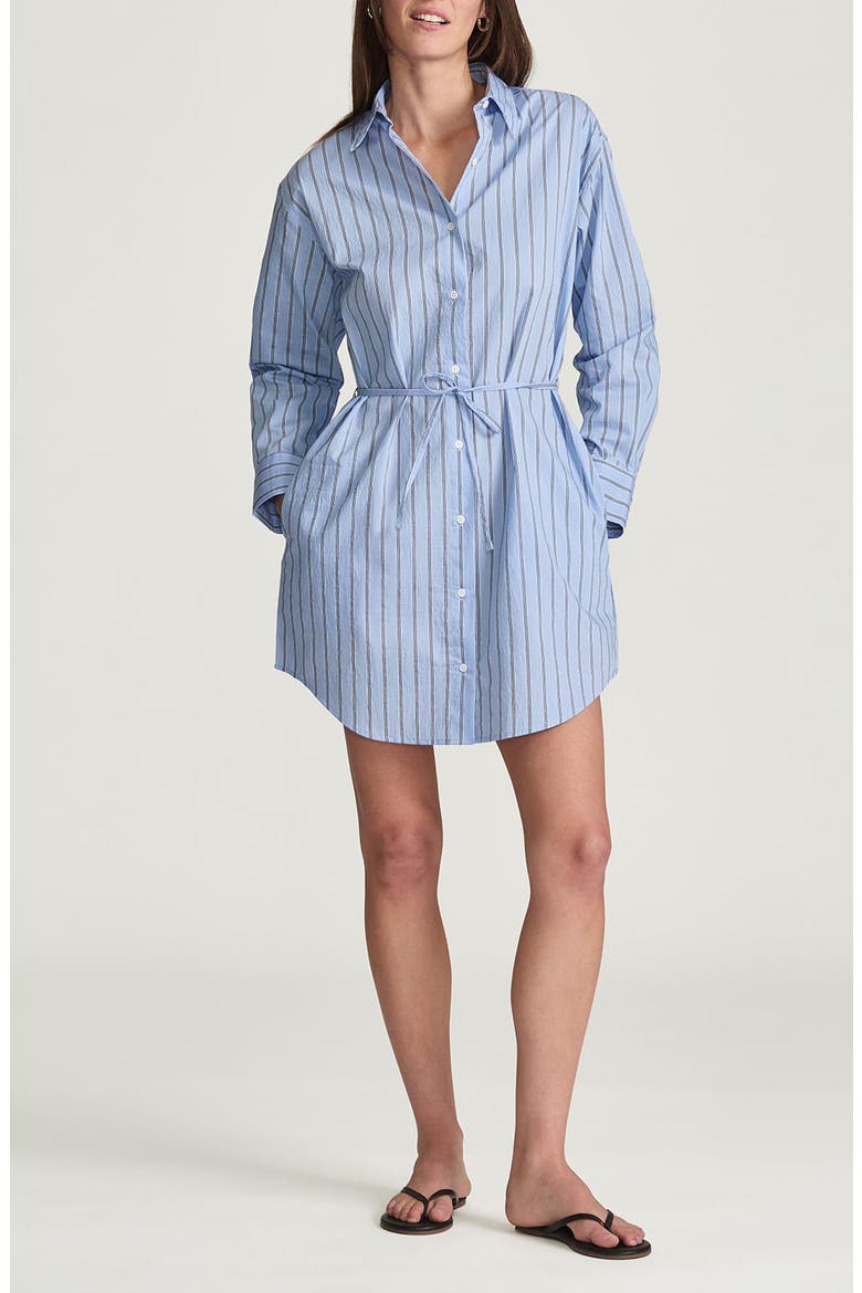 Stripe Tie Waist Long Sleeve Shirtdress, Main, color, BLUE STRIPED