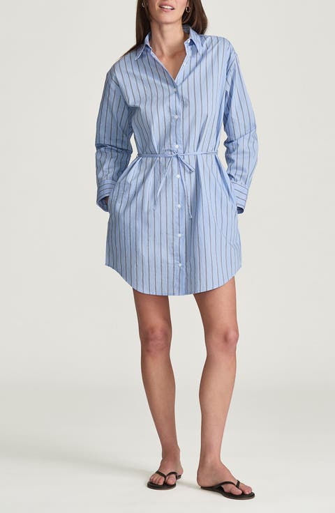 Stripe Tie Waist Long Sleeve Shirtdress