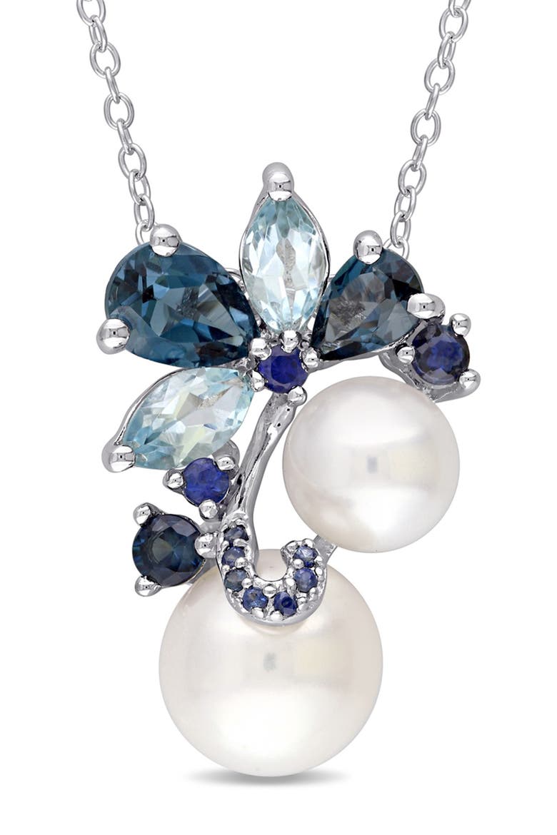 Sterling Silver London Blue Topaz, Sky Sapphire, Blue Topaz & Freshwater Pearl Pendant Necklace, Main, color, BLUE