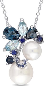 DELMAR Sterling Silver London Blue Topaz, Sky Sapphire, Blue Topaz & Freshwater Pearl Pendant Necklace