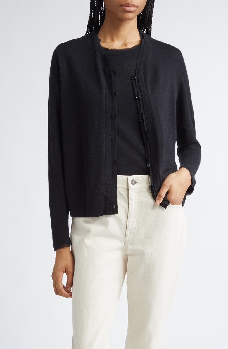 Lafayette 148 New York Chiffon Trim Cashmere Cardigan, Main, color, Black