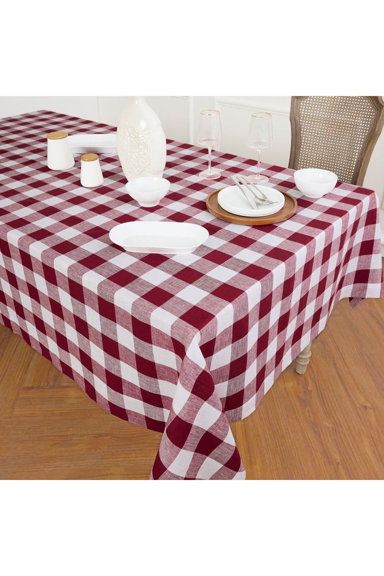 Linen Tablecloth - Buffalo Check, Alternate, color, Burgundy and White
