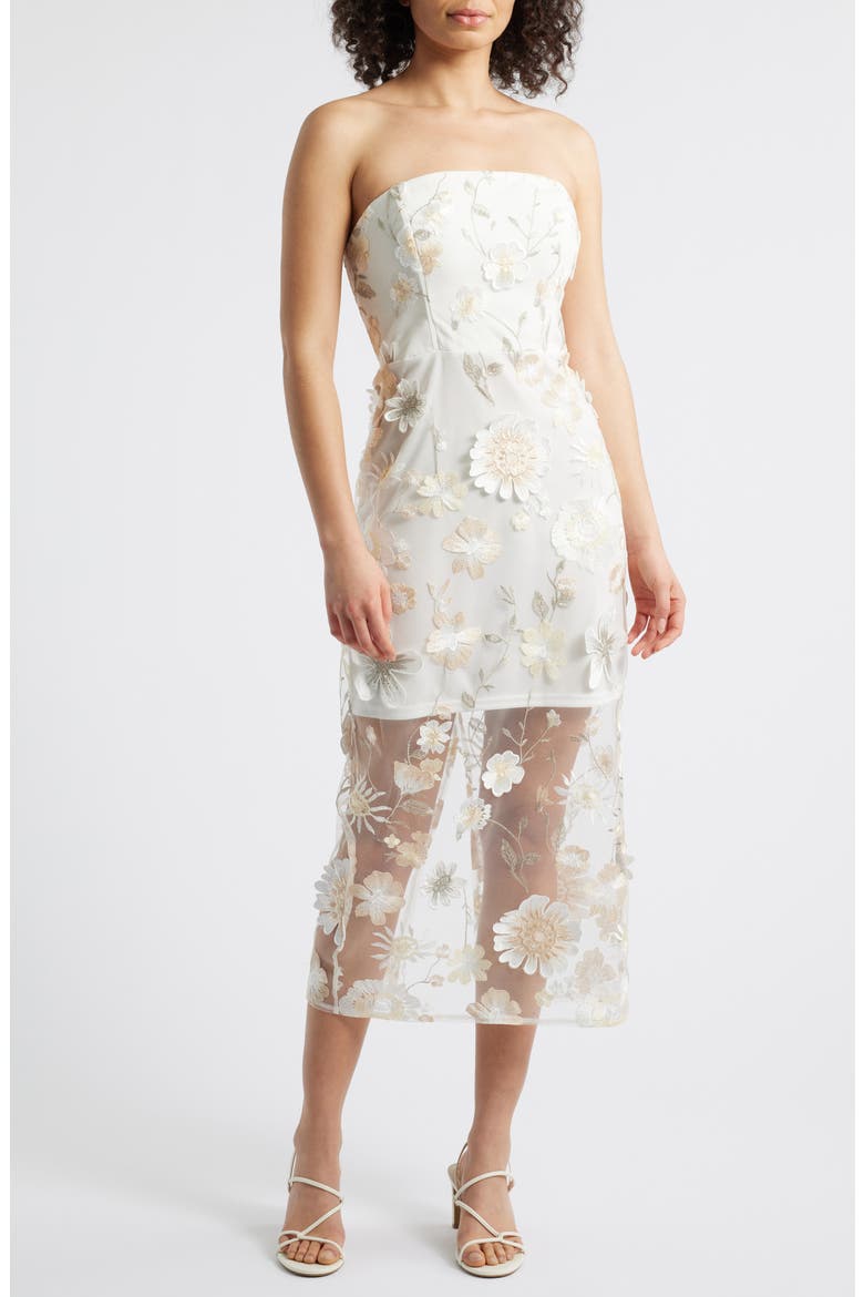 3D Flower Strapless Midi Dress, Main, color, WHITE/ CREAM