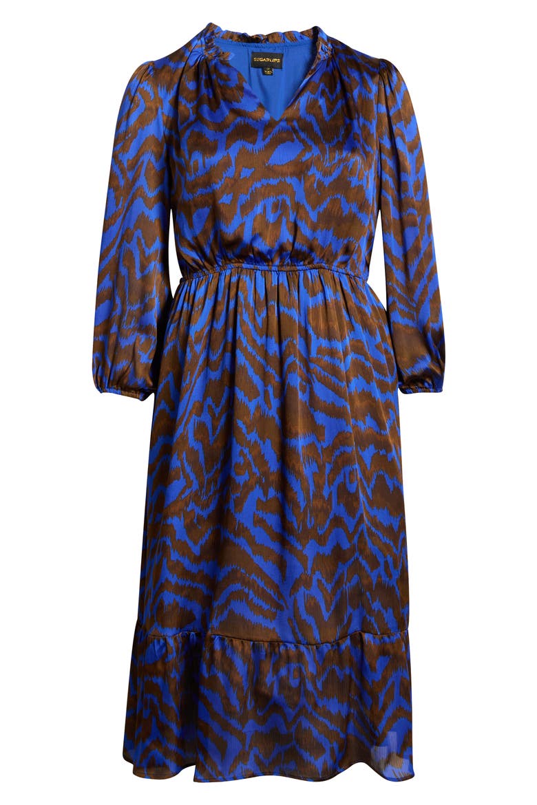 Krista Abrstract Fabiola Long Sleeve Satin Midi Dress, Alternate, color, BROWN/ BLUE MULTI