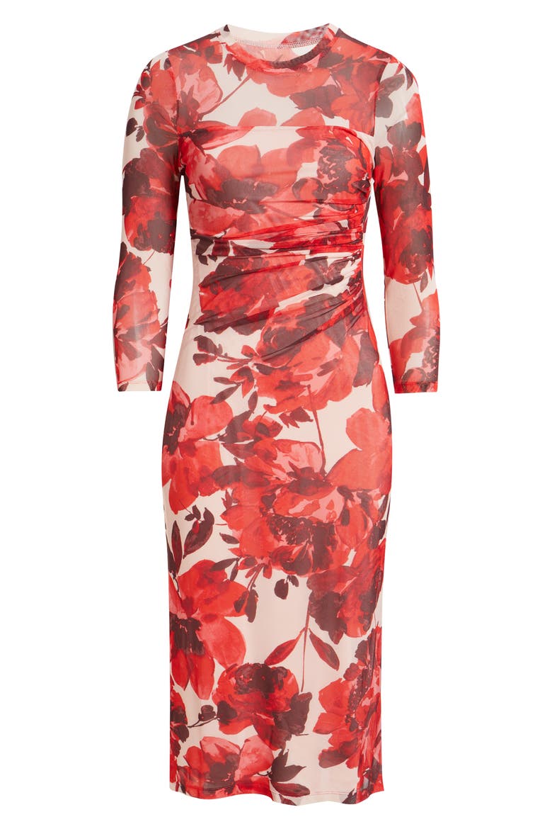 Side Ruched Long Sleeve Midi Dress, Alternate, color, ROSE MIST MULTI