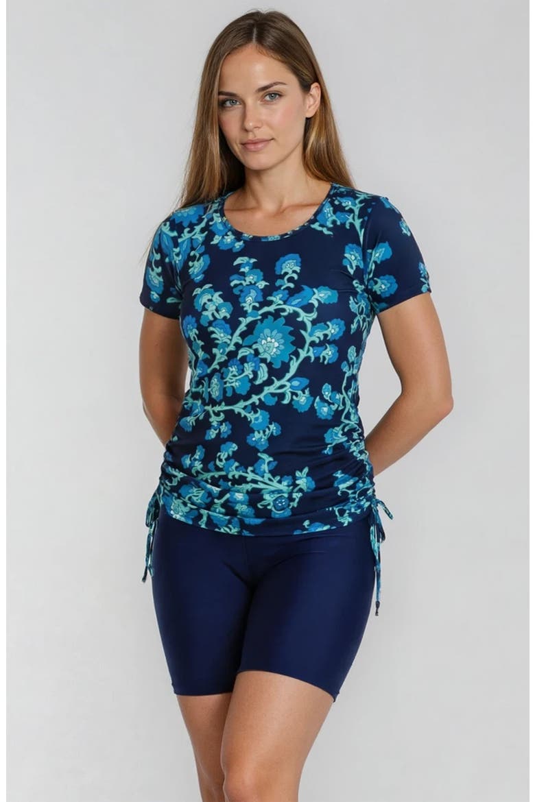 Short Sleeve Adele Swim Top and Navy Mid-Thigh Swim Shorts Set, Alternate, color, Barbados Blue