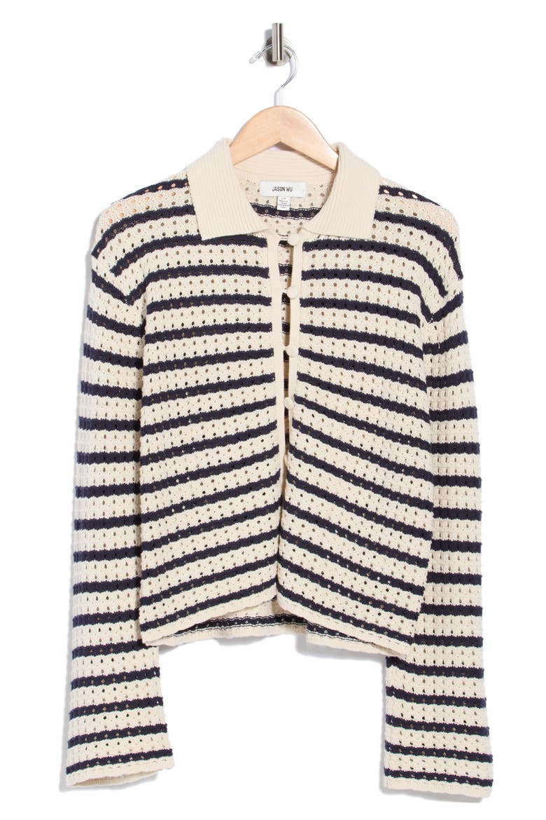 Stripe Pointelle Cardigan, Alternate, color, IVORY/ NAVY