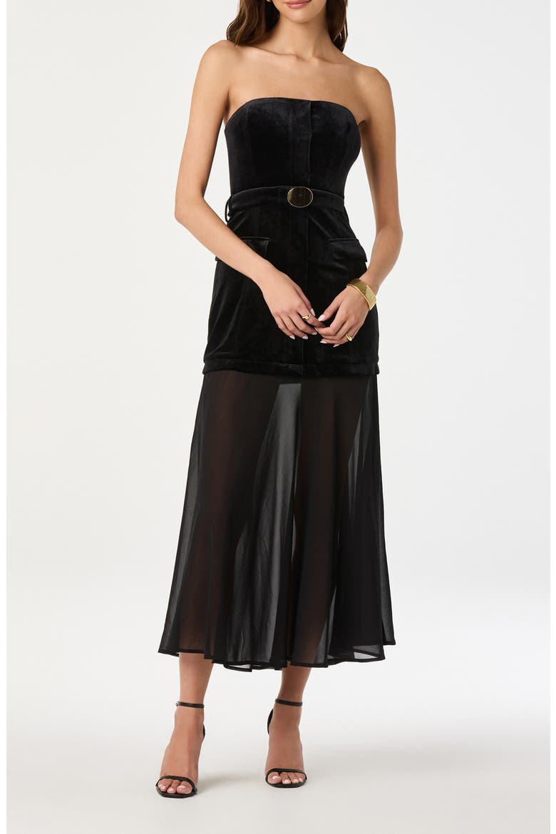 Strapless Belted Semisheer Velvet Midi Dress, Alternate, color, BLACK