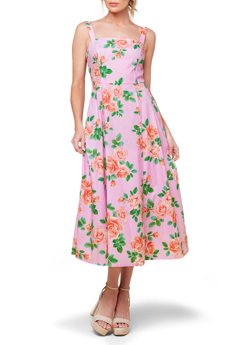 Rose Print A-Line Midi Dress, Main, color, BLUSH