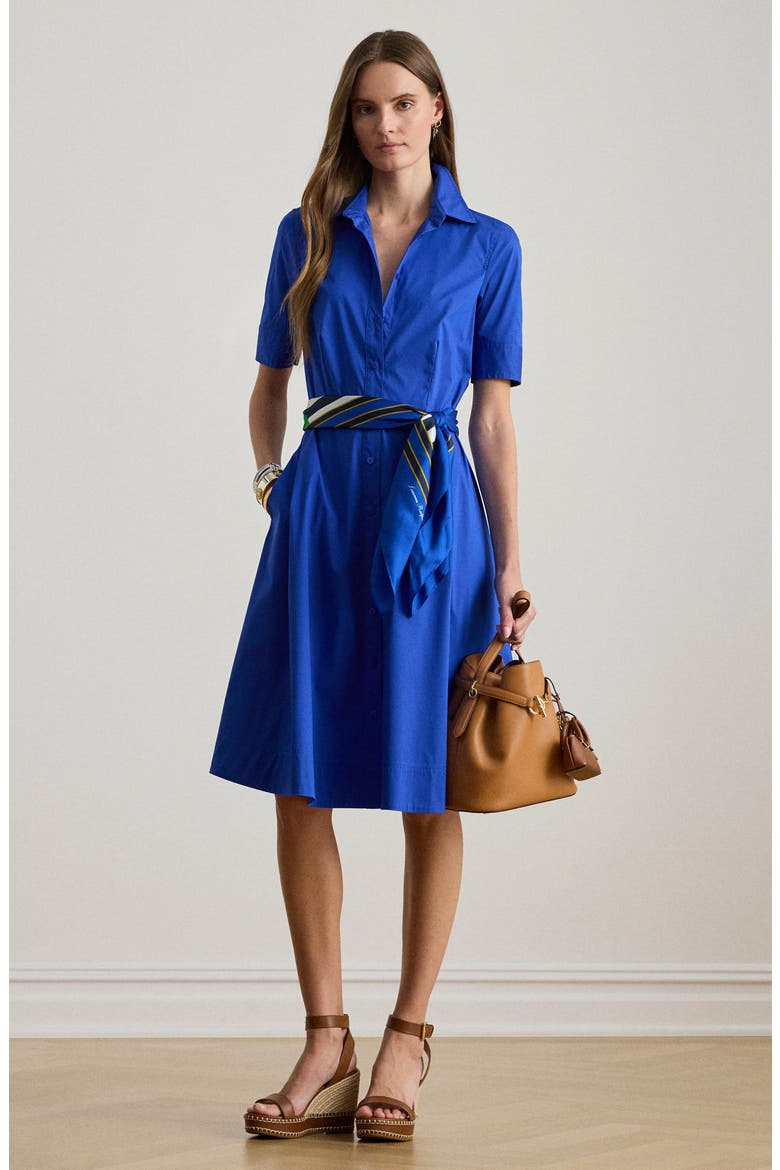 Belted Cotton Blend Shirtdress, Alternate, color, BLUE