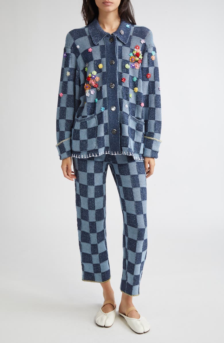 YanYan Floral Ribbon Checkerboard Knit Work Jacket, Alternate, color, Denim