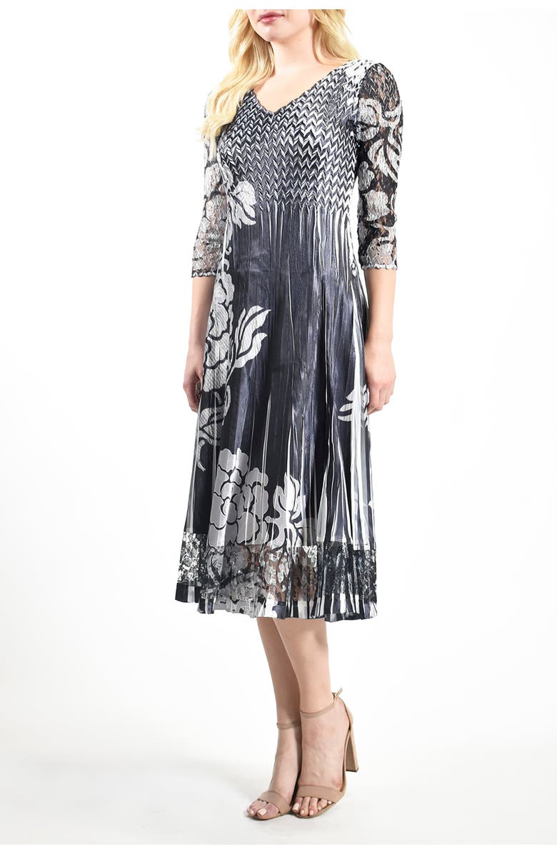 Komarov Silver Stencil Printed Charmeuse 3/4 Sleeve Dress, Alternate, color, Black/Silver Brocade