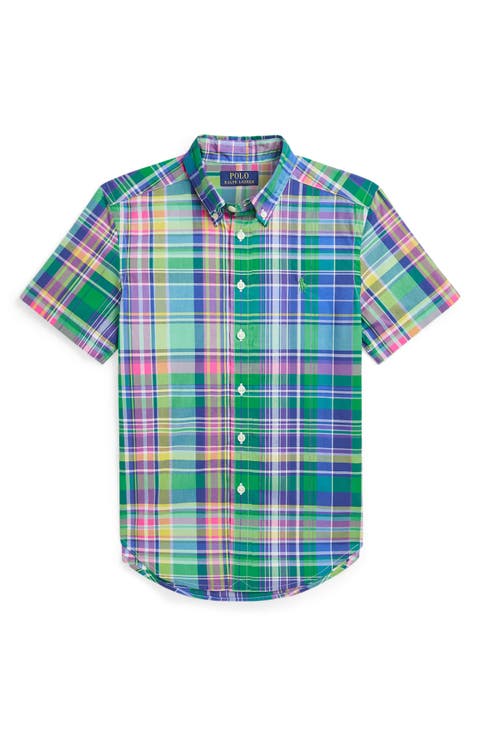 Kids' Plaid Short Sleeve Cotton Poplin Button-Down Shirt (Big Kid)