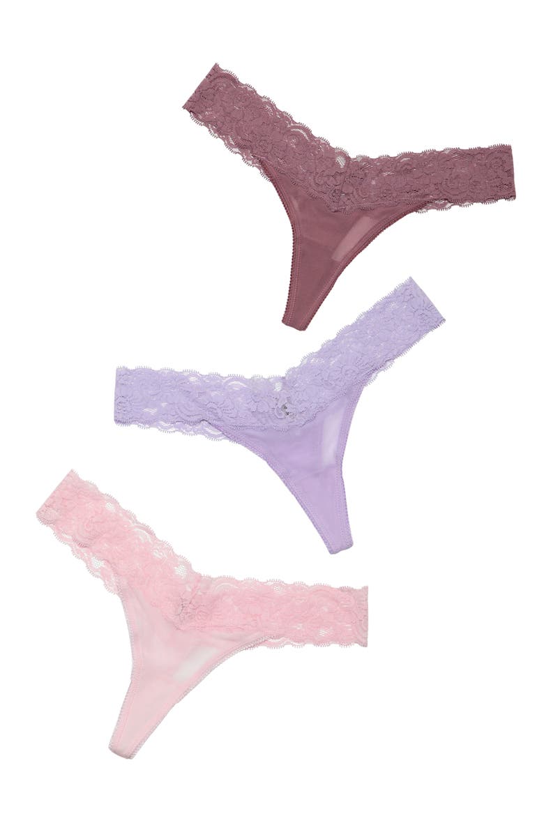 Mila 3-Pack Lace Thongs, Alternate, color, PINK/ LAVENDER/ ROSEWOOD