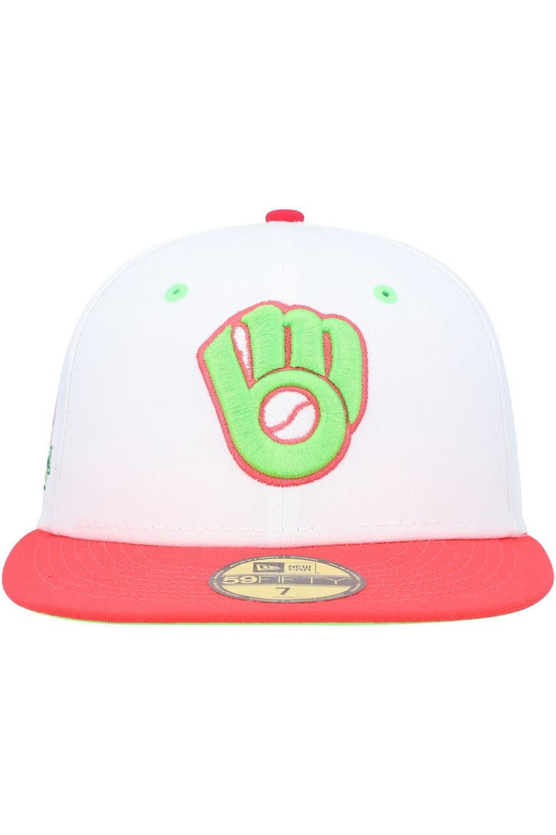 Men's New Era White/Coral Milwaukee Brewers  County Stadium Strawberry Lolli 59FIFTY Fitted Hat, Alternate, color, White
