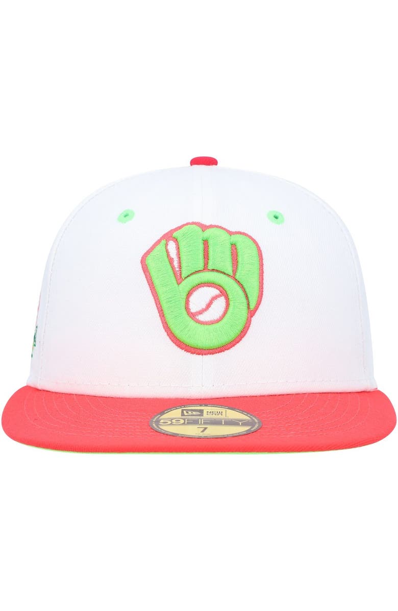 New Era Men's New Era White/Coral Milwaukee Brewers  County Stadium Strawberry Lolli 59FIFTY Fitted Hat, Alternate, color, 