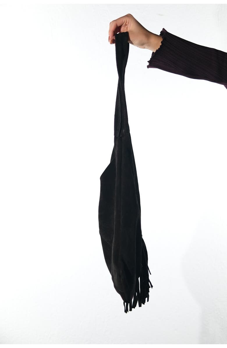 Forever & Always Shoes Noche Leather Tassel Shoulder Bag, Alternate, color, Black Suede