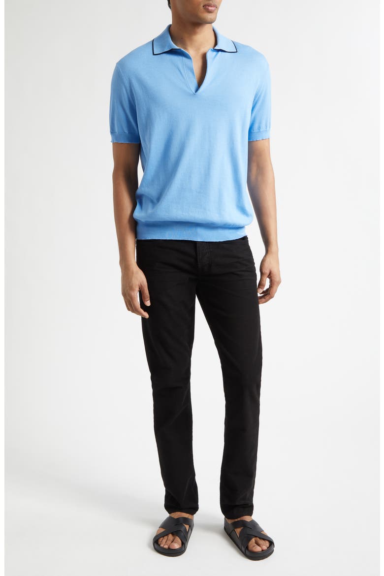 Tipped Silk & Cotton Polo Sweater, Alternate, color, AZURE BLUE
