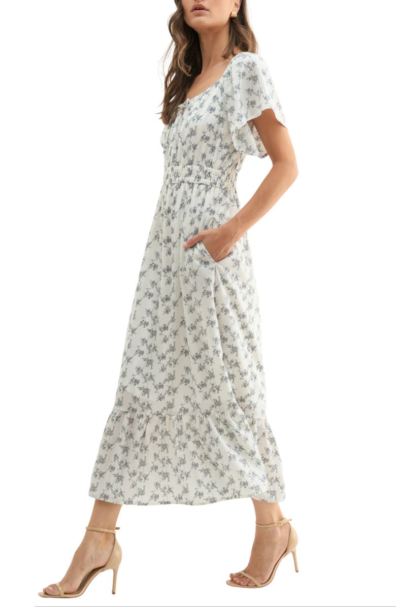 WISHLIST Floral Flutter Sleeve Midi Dress, Alternate, color, Off White/ Slate