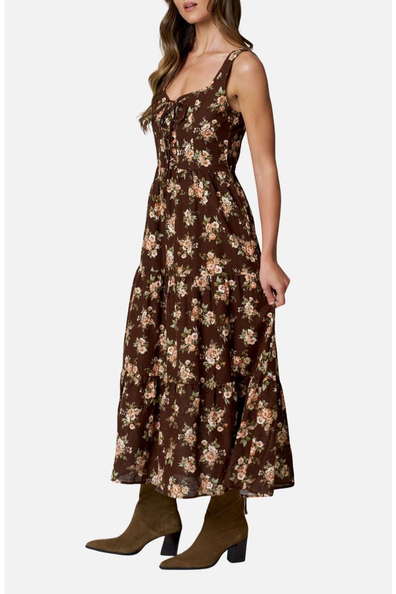 Tie Front Floral Midi Dress, Alternate, color, BROWN MULTI