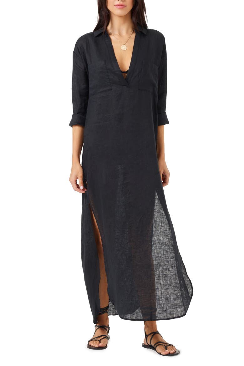 Capistrano Long Sleeve Linen Cover-Up Tunic Dress, Main, color, BLACK