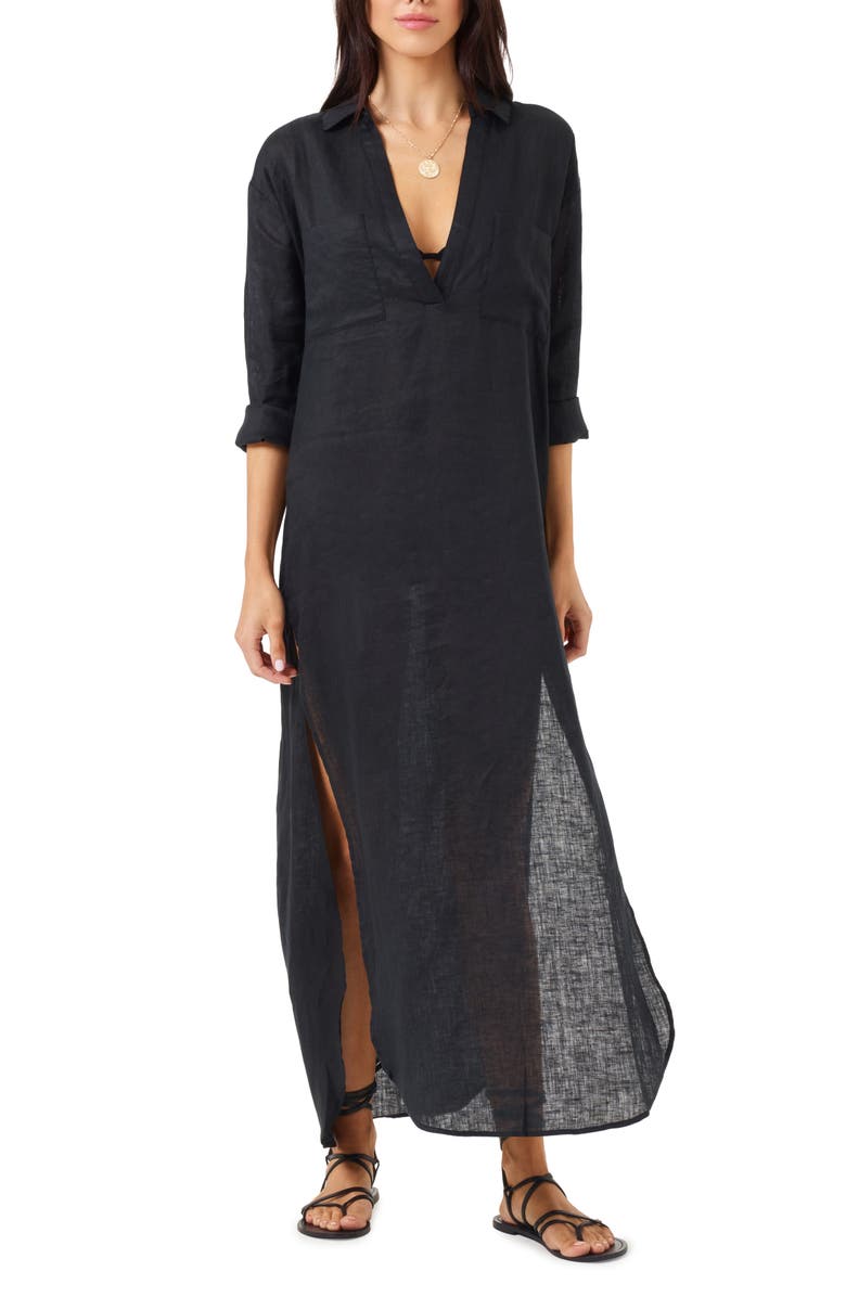 LSPACE Capistrano Long Sleeve Linen Cover-Up Tunic Dress, Main, color, Black