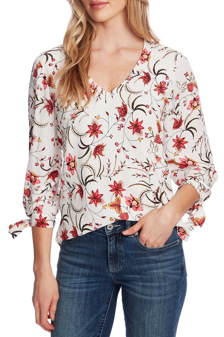 Marrakesh Ink Floral Tie Sleeve Blouse, Main, color, SOFT ECRU