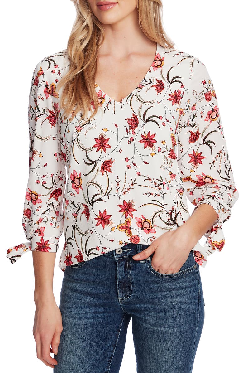 CeCe Marrakesh Ink Floral Tie Sleeve Blouse, Main, color,