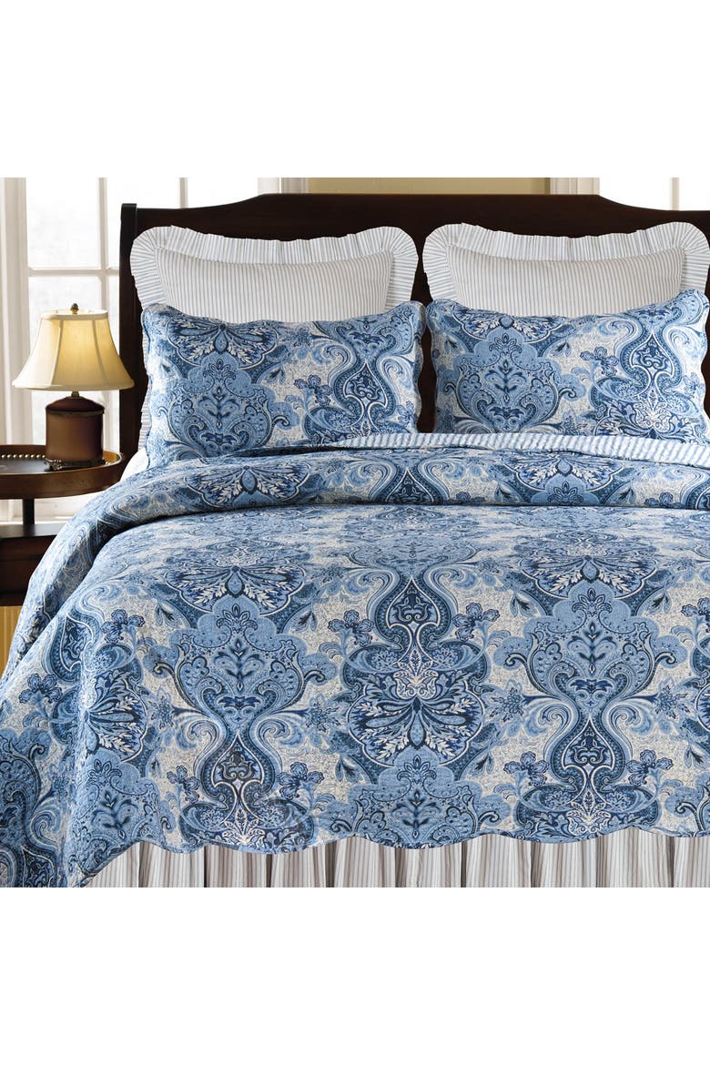 Navy Damask Floral Vintage Bed Quilt - Machine Washable Reversible, Main, color, Blue