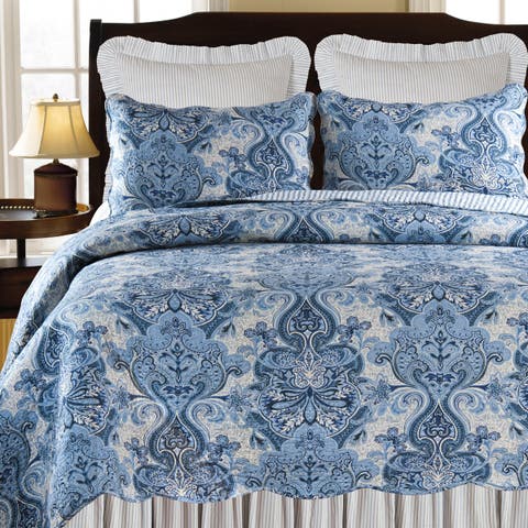 Navy Damask Floral Vintage Bed Quilt - Machine Washable Reversible