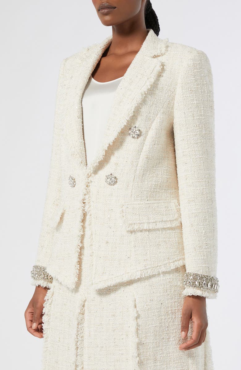 Marina Rinaldi Abavo Crystal Cuff Sequin Tweed Jacket, Main, color, Ivory